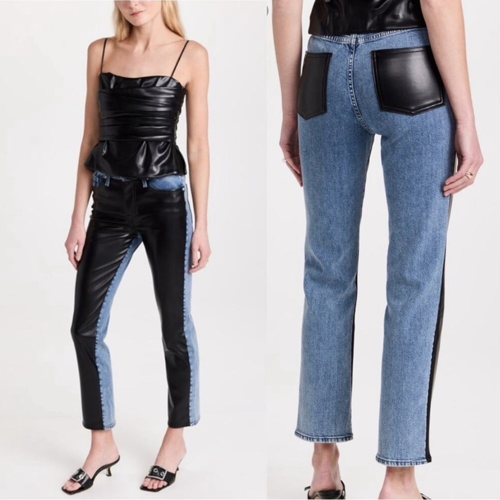 Jonathan Simkhai River High Rise Straight Jeans Black Vegan Leather Edgy Blue 28 - Picture 3 of 10